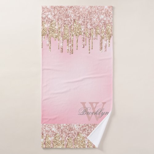 Elegant Pink Rose Gold Glitter Drips Monogrammed Bath Towel