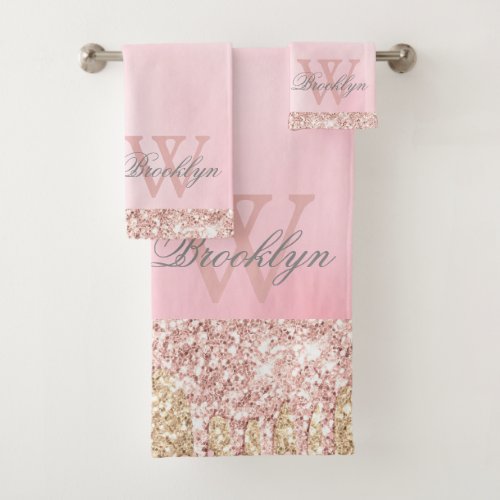 Elegant Pink Rose Gold Glitter Drips Monogrammed Bath Towel Set
