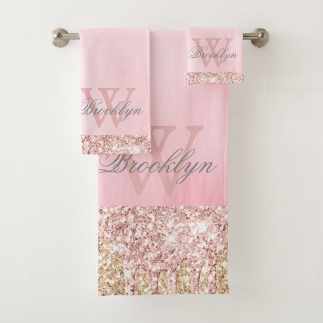 Elegant Pink Rose Gold Glitter Drips Monogrammed Bath Towel Set (Insitu)