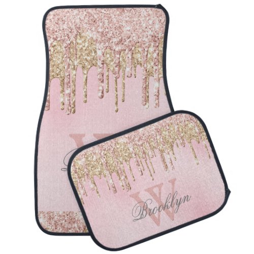 Elegant Pink Rose Gold Glitter Drips Monogrammed Car Floor Mat