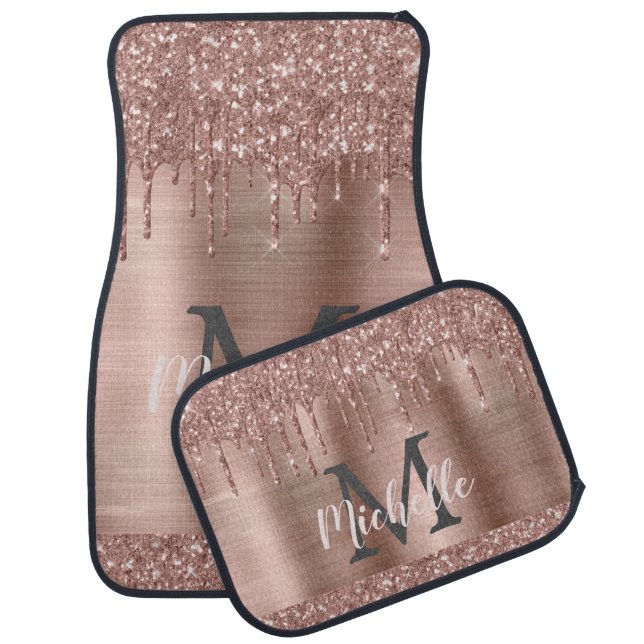 Elegant Pink Rose Gold Glitter Drips Monogrammed Car Floor Mat (Set)