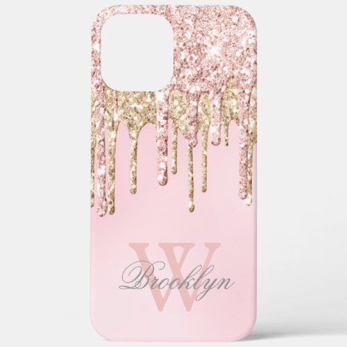 Elegant Pink Rose Gold Glitter Drips Monogrammed iPhone 12 Pro Max Case