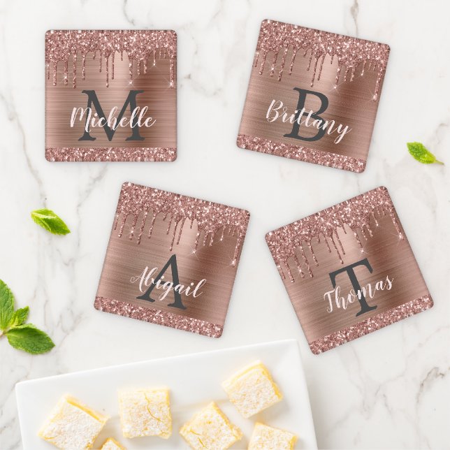 Elegant Pink Rose Gold Glitter Drips Monogrammed  Coaster Set (In Situ)