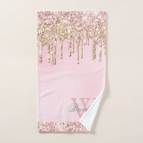 Elegant Pink Rose Gold Glitter Drips Monogrammed  Hand Towel