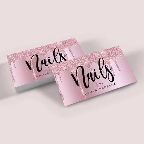 Elegant pink rose gold glitter drips nails  business card