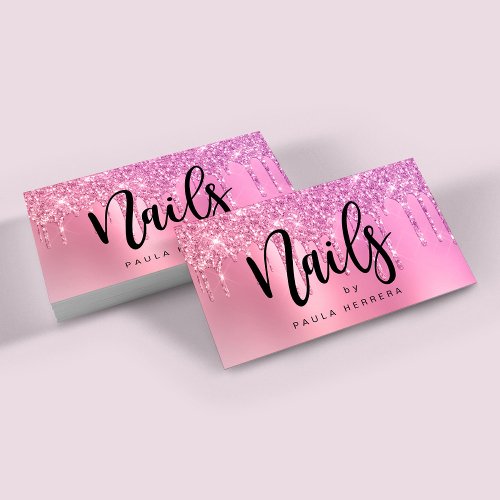Elegant pink rose gold glitter drips nails  business card