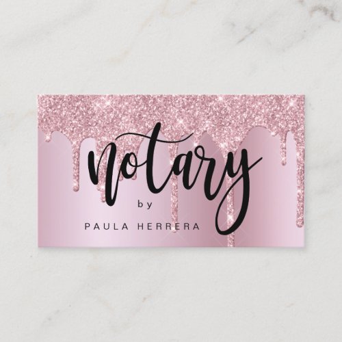 Elegant pink rose gold glitter drips notary business card