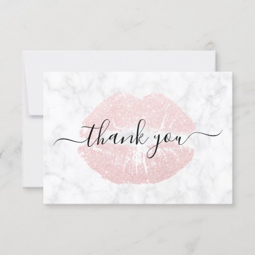 Elegant pink rose gold glitter lips white marble thank you card