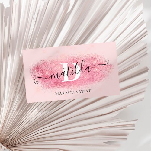 Elegant pink rose gold glitter makeup artist business card