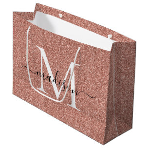 Elegant Pink Rose Gold Glitter Monogram Script Large Gift Bag