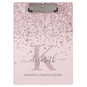 Elegant Pink Rose Gold Glitter Monogrammed Blush Clipboard