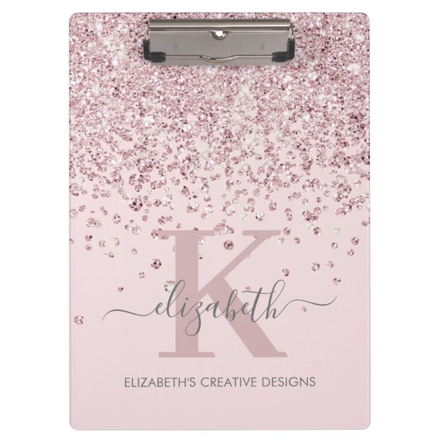 Elegant Pink Rose Gold Glitter Monogrammed Blush  Clipboard (Front)