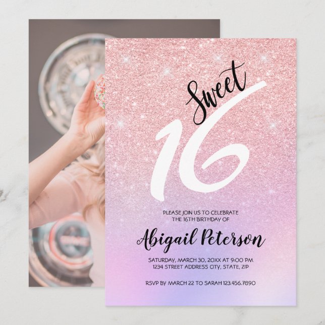 Elegant pink rose gold glitter ombre sweet sixteen invitation (Front/Back)