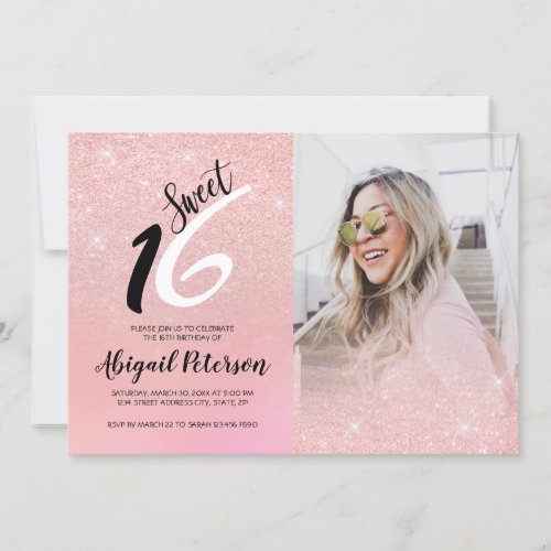 Elegant pink rose gold glitter ombre sweet sixteen invitation