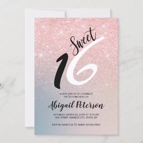 Elegant pink rose gold glitter ombre sweet sixteen invitation