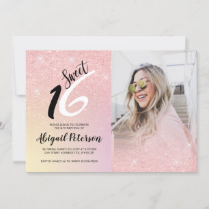 Elegant pink rose gold glitter ombre sweet sixteen invitation