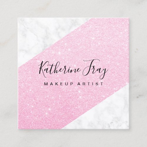 Elegant pink rose gold glitter white marble makeup square business card