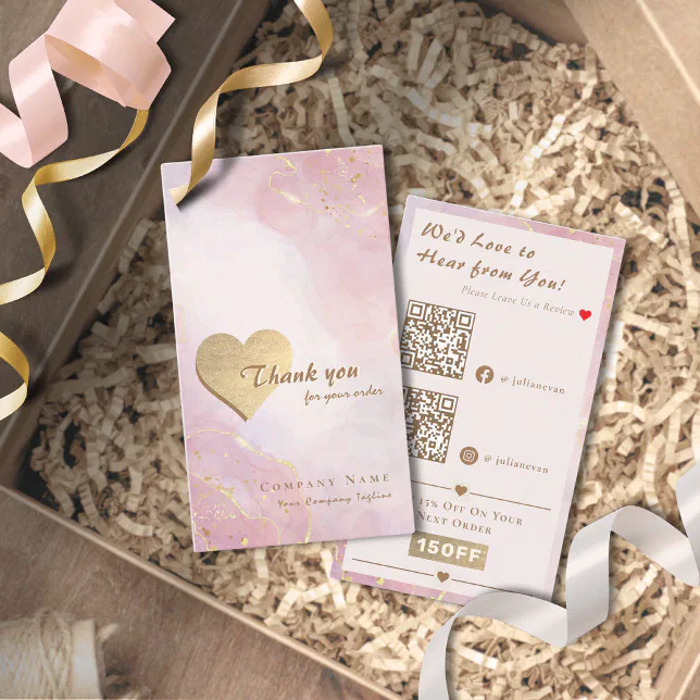 Elegant Pink Rose Gold Heart QR Code Thank you Business Card | Zazzle
