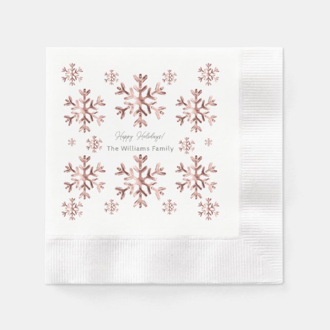 Elegant Pink Rose Gold Look Snowflakes Christmas Napkins (Front)