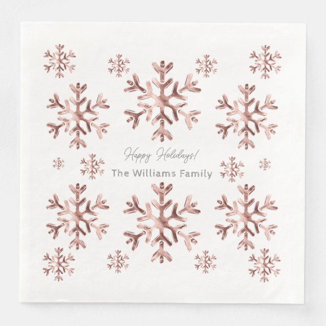 Elegant Pink Rose Gold Look Snowflakes Christmas Paper Dinner Napkins (Front)