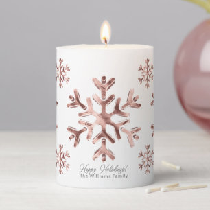 Elegant Pink Rose Gold Look Snowflakes Christmas Pillar Candle
