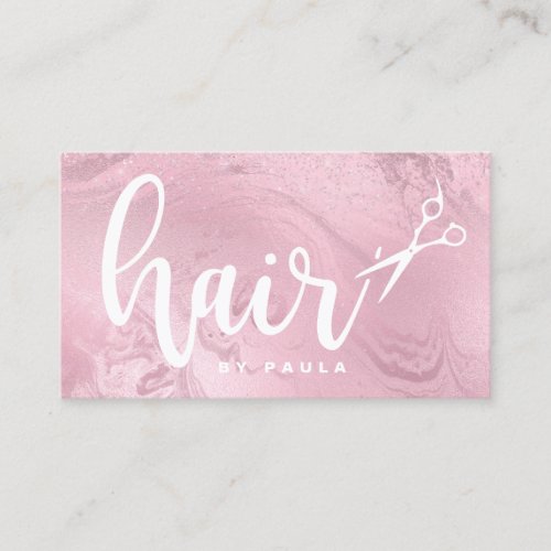 Elegant pink rose gold marble scissors hairstylist business card