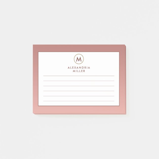 Elegant Pink Rose Gold Monogram Lined Post-it Notes (Front)