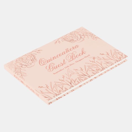 Elegant Pink Rose Gold Outline Floral Quinceanera Guest Book