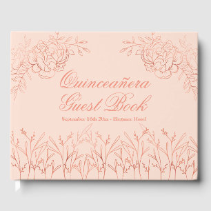 Elegant Pink Rose Gold Outline Floral Quinceanera Guest Book