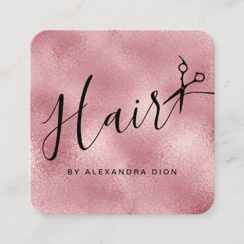Elegant pink rose gold scissors hairstylist square business card