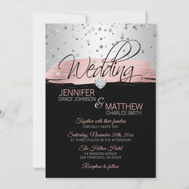 Elegant Pink Rose Gold Silver Black Wedding Invitation (Front)