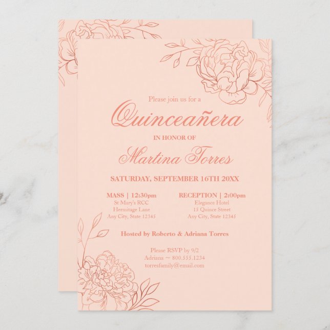 Elegant Pink Rose Gold Sketch Floral Quinceanera Invitation (Front/Back)