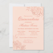 Elegant Pink Rose Gold Sketch Floral Quinceanera Invitation (Front)
