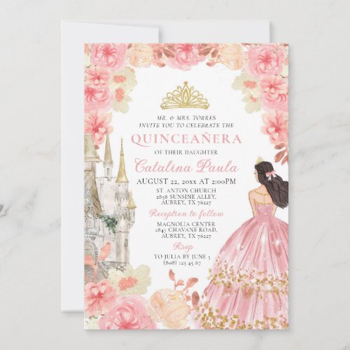 Elegant Pink Rose Gold Tiara Princess Quinceaera Invitation