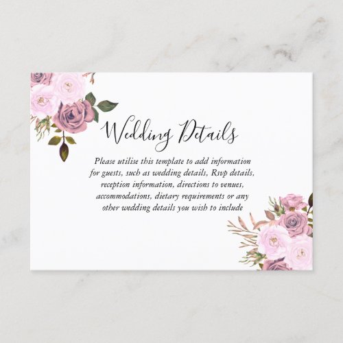 Elegant Pink  Rose Gold Wedding Reception details Enclosure Card