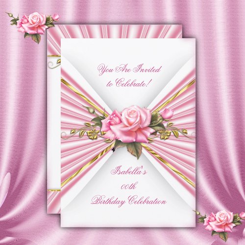 Elegant Pink Rose Gold White Birthday Party  Invitation
