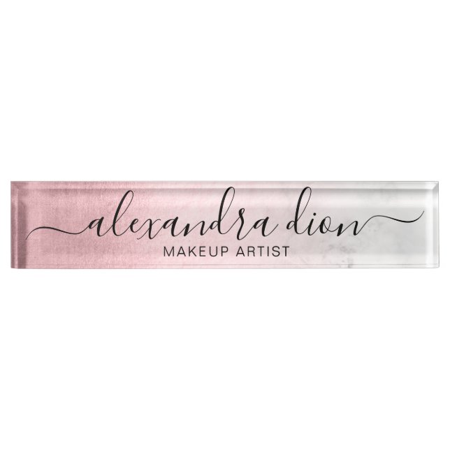 Elegant pink rose gold white marble makeup artist desk name plate (Front)