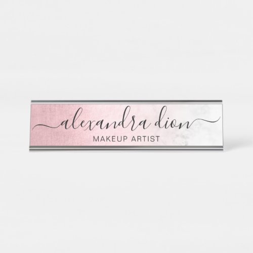 Elegant pink rose gold white marble makeup artist desk name plate