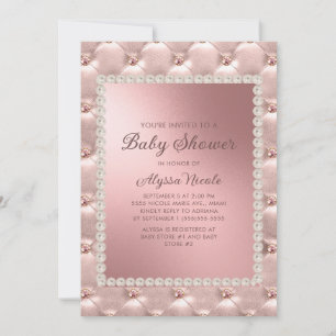 Elegant Pink Rose Gold White Pearls Baby Shower In Invitation