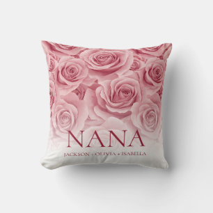 Elegant Pink Rose Grandchilren's Names Floral Nana Throw Pillow