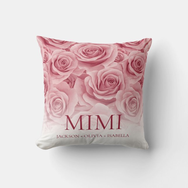 Elegant Pink Rose Grandchilren's Names Grandmother Throw Pillow (Front)