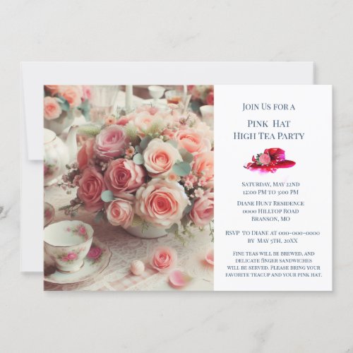 Elegant Pink Rose Hat Theme Tea Party  Invitation