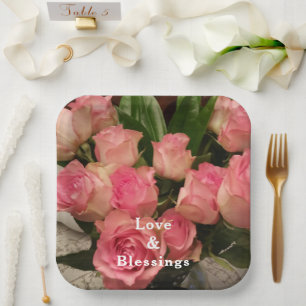Elegant Pink Rose Love and Blessings Paper Plates