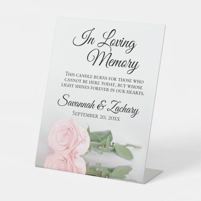 Elegant Pink Rose Loving Memory Wedding Memorial Pedestal Sign (Front)