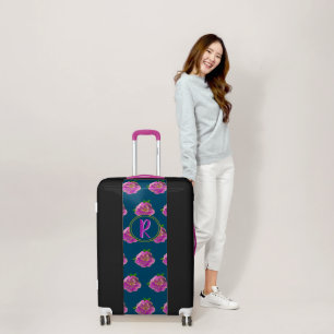 Elegant Pink Rose Monogram Script Luggage