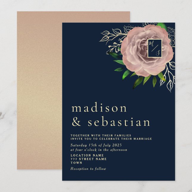 Elegant Pink Rose Navy Blue Gold Wedding Invite (Front/Back)