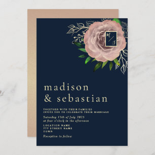 Elegant Pink Rose Navy Blue Gold Wedding Invite