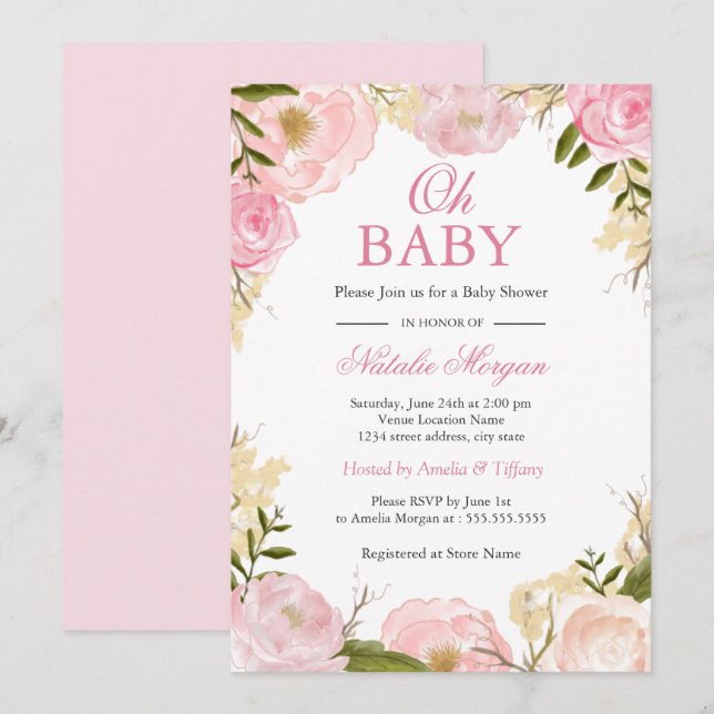 Elegant Pink Rose Oh Baby Shower Card (Front/Back)