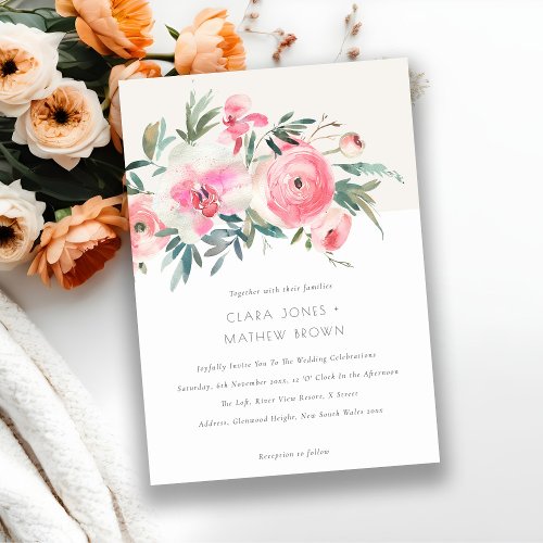 Elegant Pink Rose Orchid Watercolor Floral Wedding Invitation