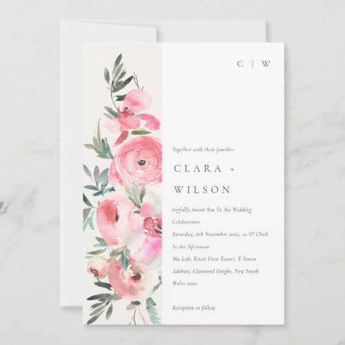 Elegant Pink Rose Orchid Watercolor Floral Wedding Invitation